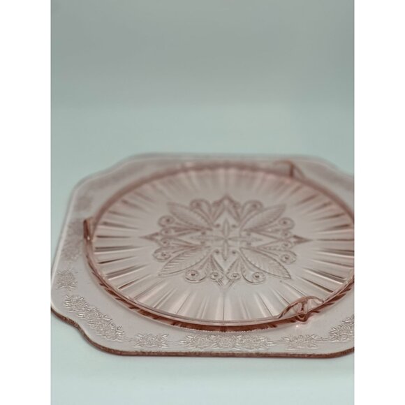 VTG Jeannette Glass Co. Adam Pink Footed Cake Plate Depression Floral Etching - Picture 7 of 9